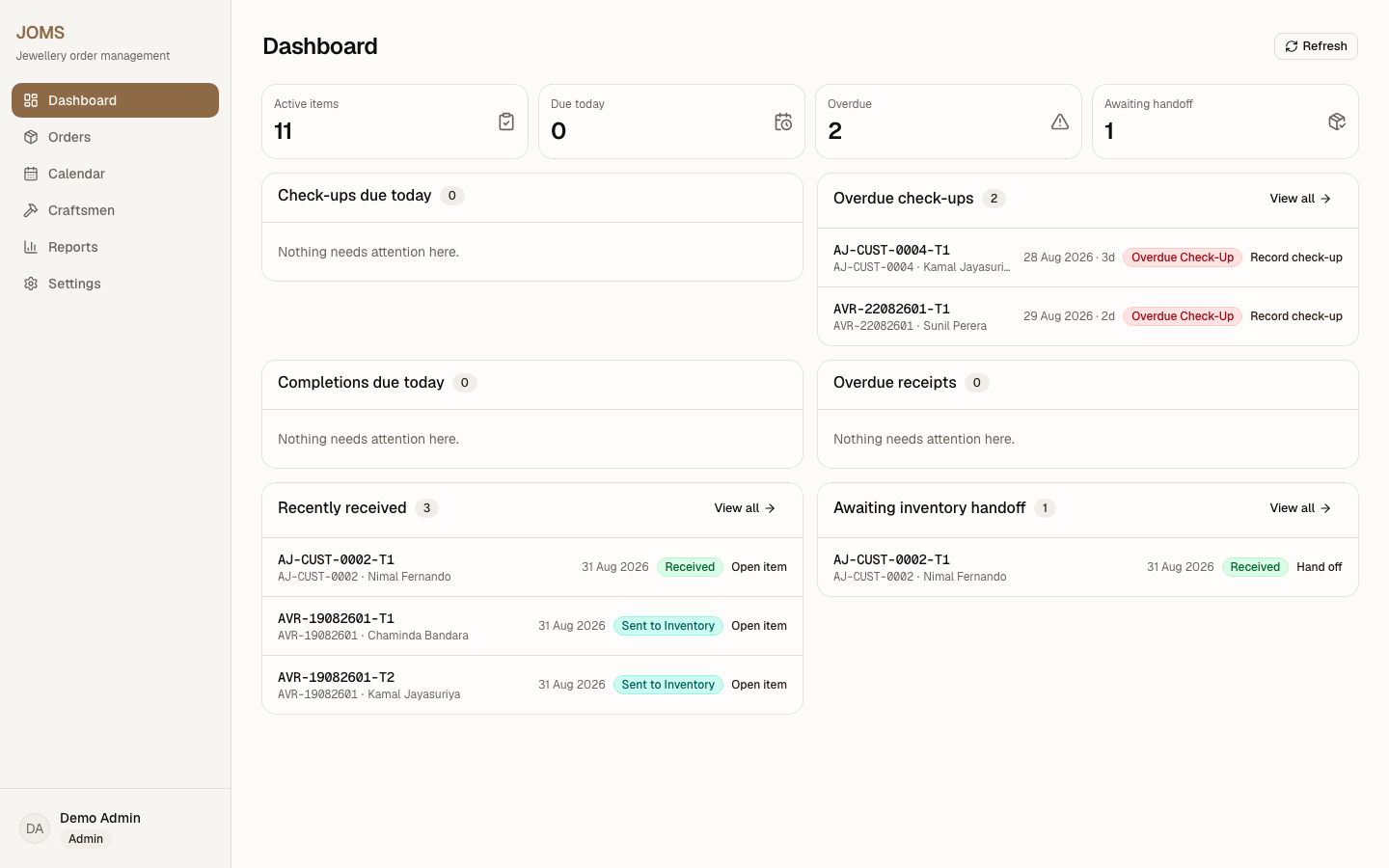 JOMS dashboard showing active items, overdue check-ups and awaiting handoff